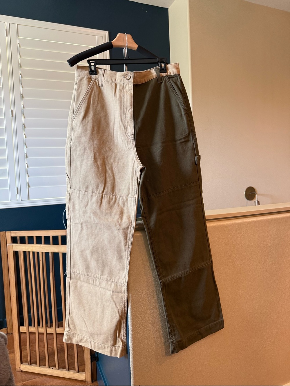 Topshop Two-Tone Flare Jeans - Beige & Olive